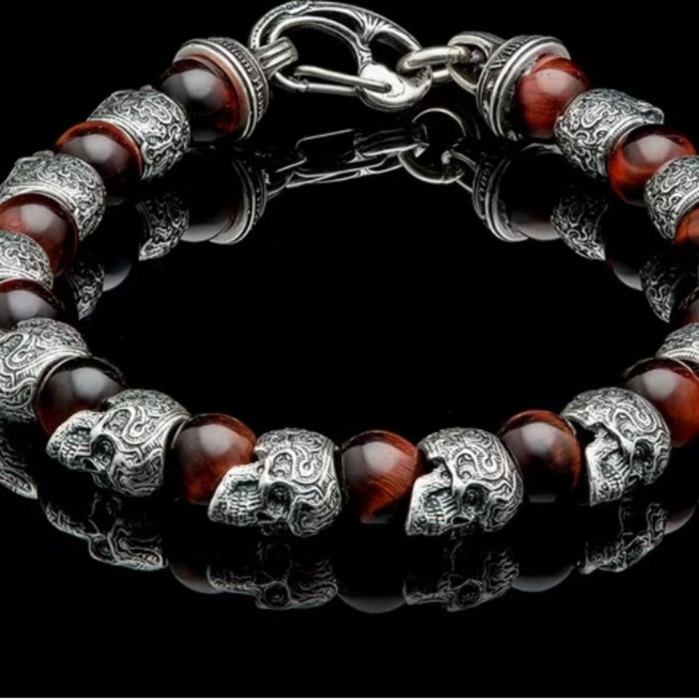 WILLIAM HENRY SCULPTED STERLING SILVER BRACELET RED TIGER EYE BEADS